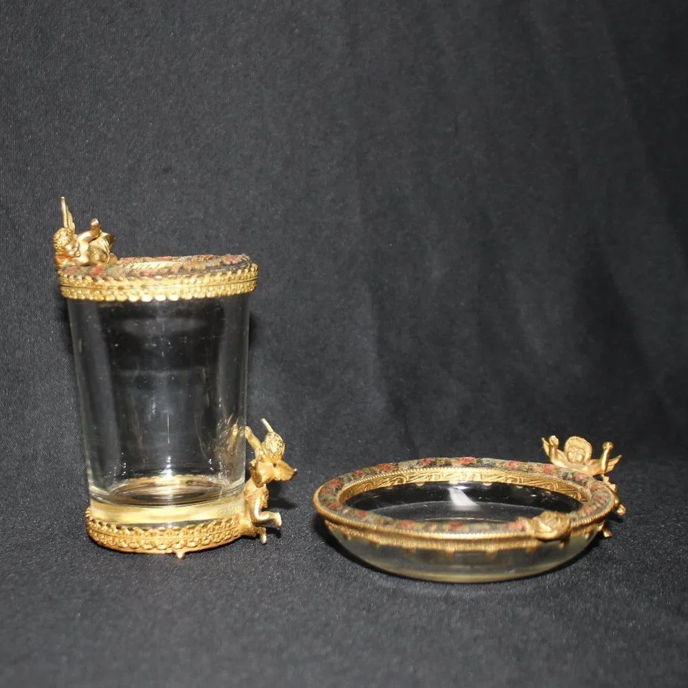 Vintage Golden Cherup Vanity Trinket Dish and Glass
